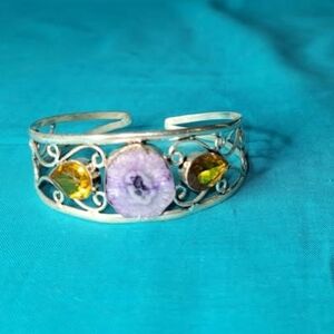Sterling Silver Cuff Bracelet w Purple Geode & Yellow Citrine Stones